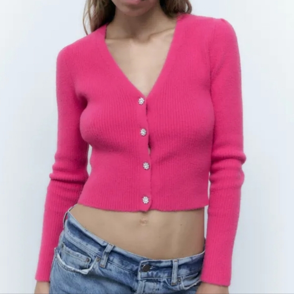 Zara Sweaters - ZARA Cropped Jewel Button knit Cardigan Fuchsia
